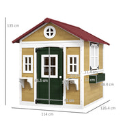 Wooden Kids Playhouse with Doors Windows and Planters for Ages 3-8 in Beige by Outsunny