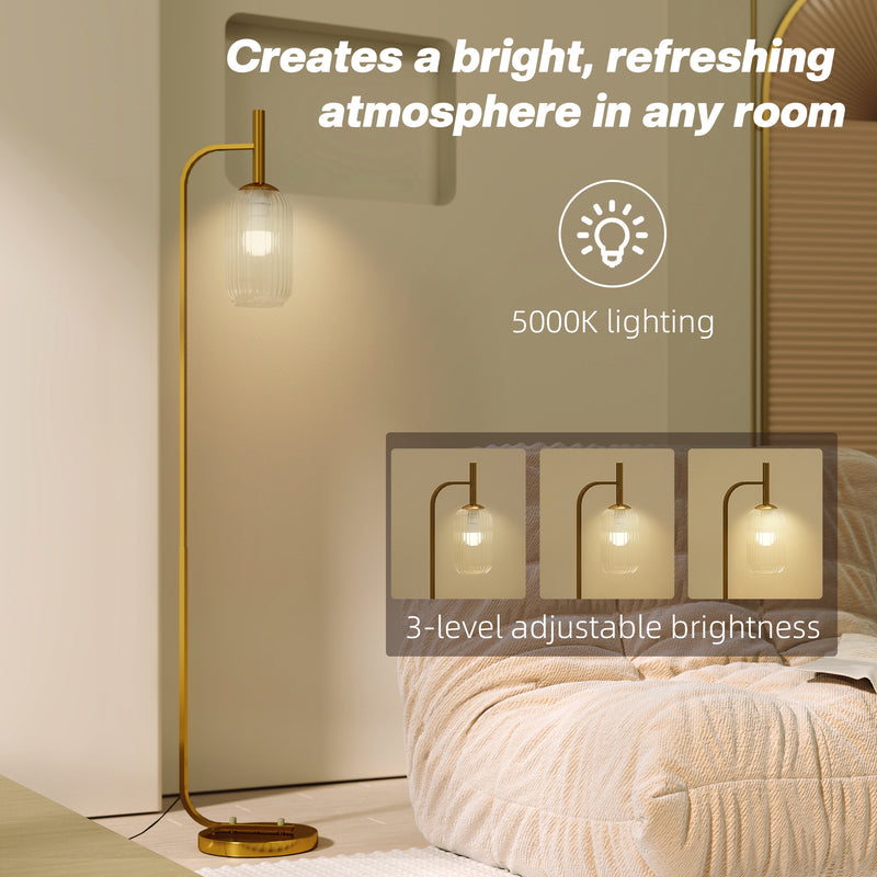 Modern LED Floor Lamp with Glass Shade and Foot Switch for Bedroom or Lounge Gold Tone