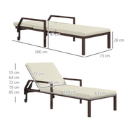 Set of 2 Cream White Rattan Sun Loungers with Adjustable Backrest and Wheels for Garden