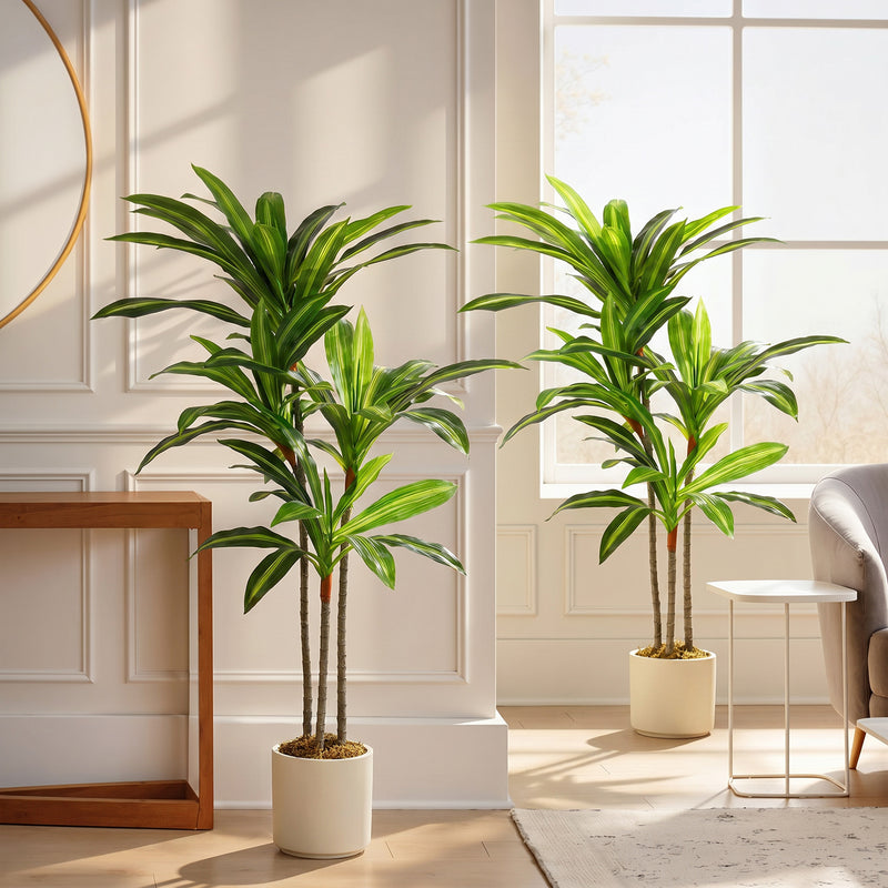 Artificial Dracaena Tree for Easy Year Round Indoor Greenery with White Planter Green