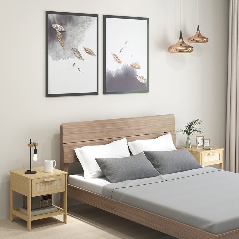 Set of 2 Bedside Tables with Rattan Drawers and Storage Shelf for Bedroom Natural
