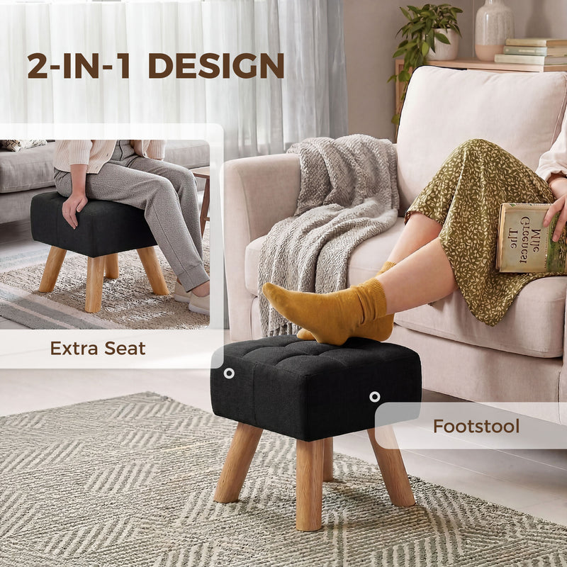 HOMCOM Linen-Look Square Padded Footstool - Black AOSOM