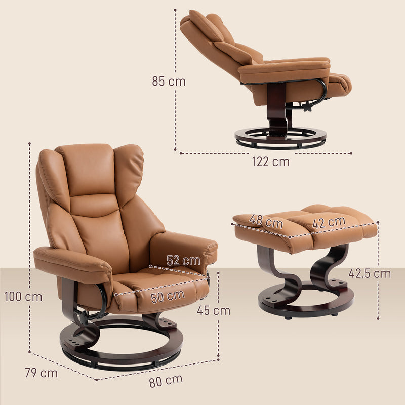 Reclining Swivel Armchair With Footstool And Wooden Base For Lounge Or Office Brown