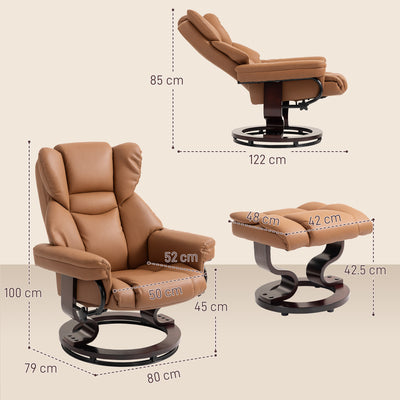 Reclining Swivel Armchair With Footstool And Wooden Base For Lounge Or Office Brown