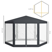 4M Hexagon Gazebo With Netting Dark Grey Outdoor Canopy Tent For Garden Events By Outsunny