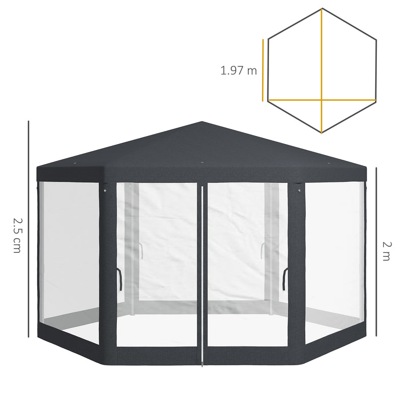 4M Hexagon Gazebo With Netting Dark Grey Outdoor Canopy Tent For Garden Events By Outsunny