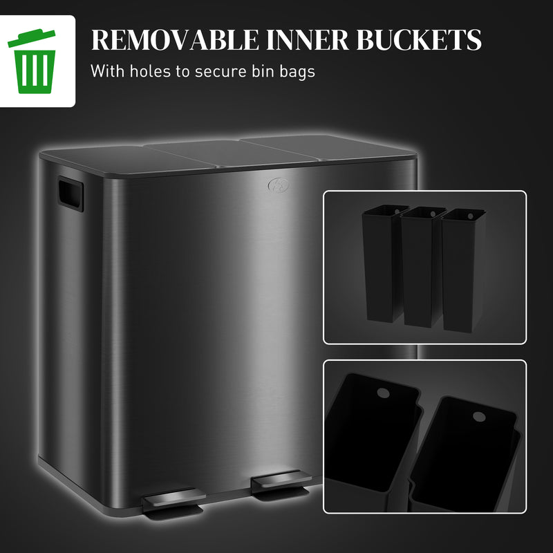 Black 45L Triple Kitchen Pedal Bin with Soft Close Lid and Removable Inner Buckets by HOMCOM
