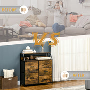 Industrial 5 Drawer Fabric Chest with Open Shelf for Bedroom or Living Room Storage Rustic Brown