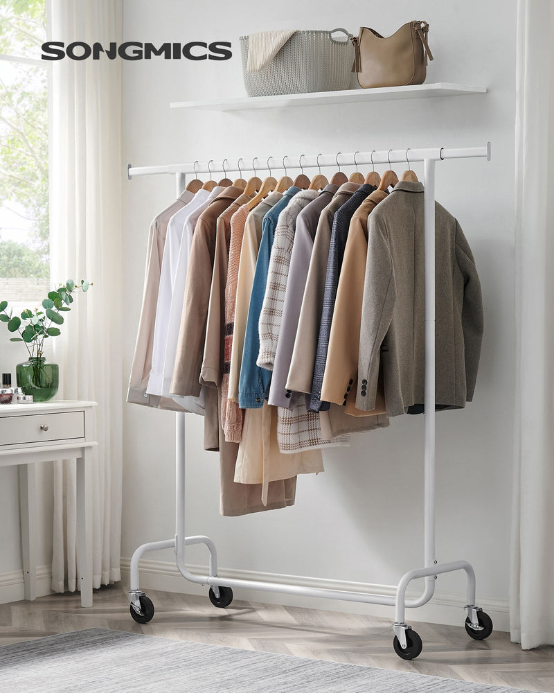 Matte White Clothes Rail on Wheels with Adjustable Shelves and Lockable Casters by Songmics