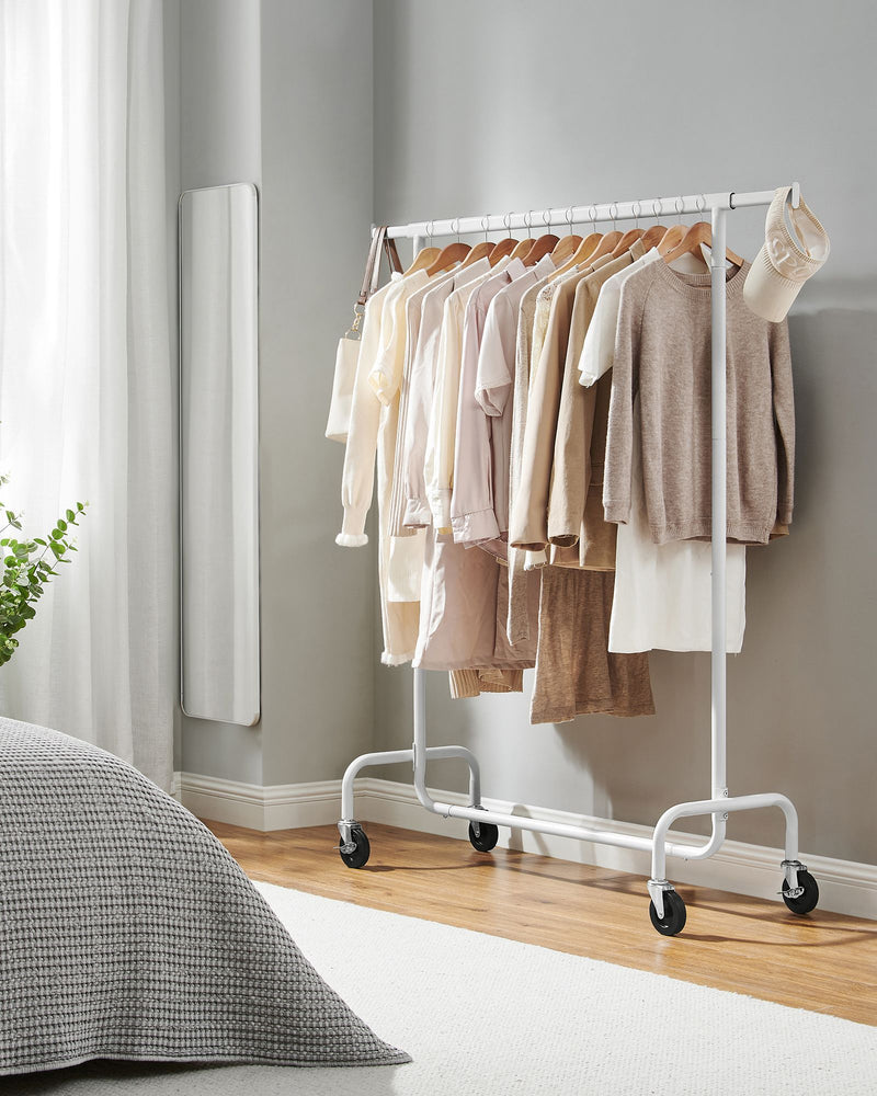 Matte White Clothes Rail on Wheels with Adjustable Shelves and Lockable Casters by Songmics