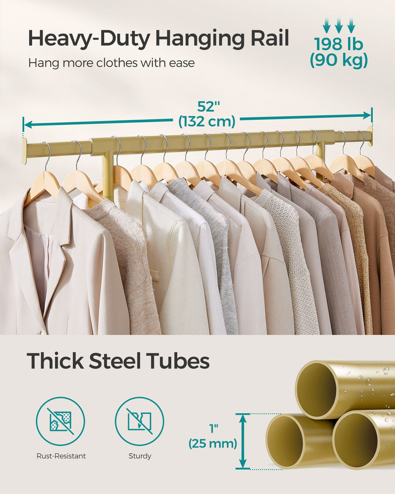 Heavy Duty Clothes Rail on Wheels in Pale Gold with Adjustable Height by Songmics