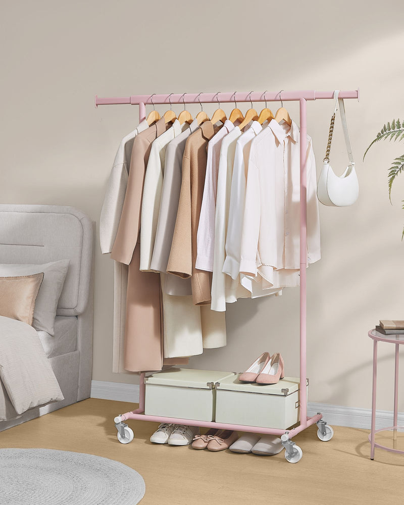 Heavy Duty Clothes Rail with Wheels in Jelly Pink for Bedroom or Laundry Room by Songmics