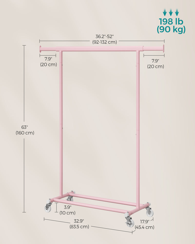 Heavy Duty Clothes Rail with Wheels in Jelly Pink for Bedroom or Laundry Room by Songmics