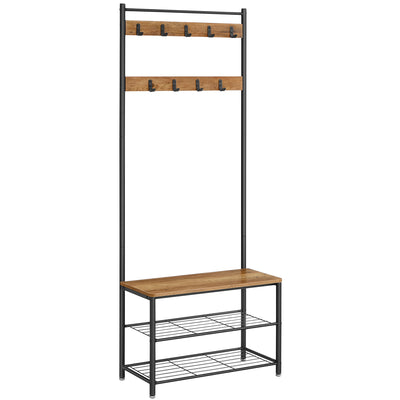 Walnut Brown and Black Coat Rack with Hooks and Storage Shelf for Entryway by Vasagle