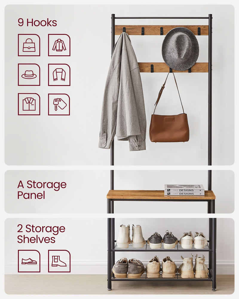 Walnut Brown and Black Coat Rack with Hooks and Storage Shelf for Entryway by Vasagle