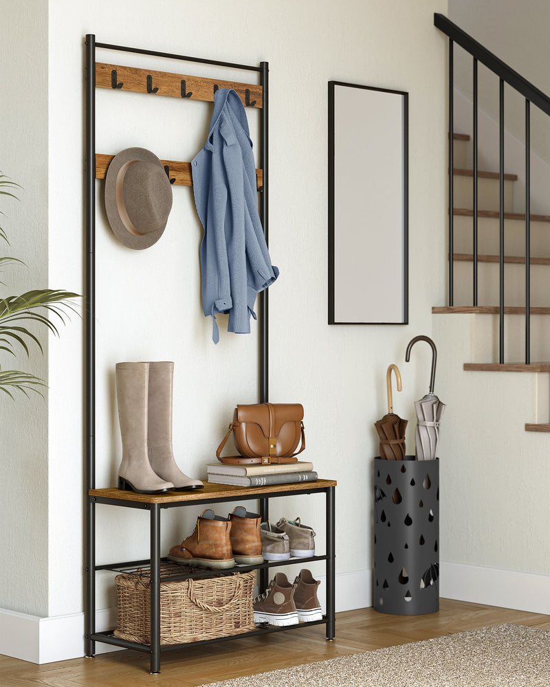 Walnut Brown and Black Coat Rack with Hooks and Storage Shelf for Entryway by Vasagle