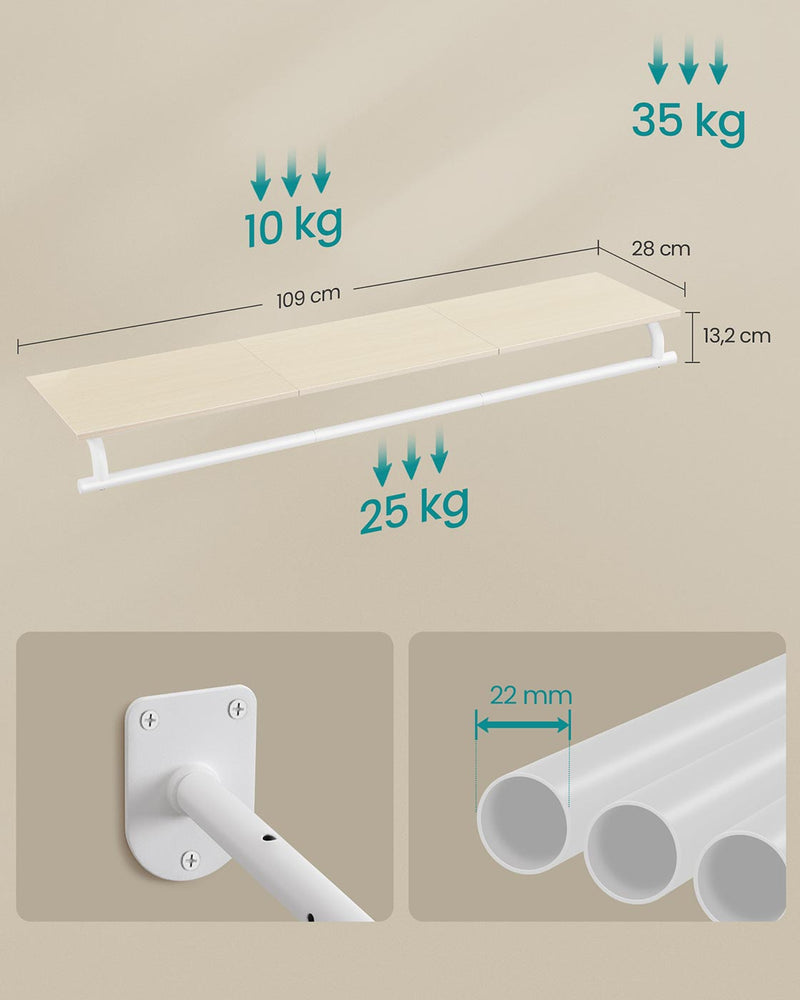 Wall Mounted Clothes Rail in Natural Beige and Cloud White 109 cm Space Saving Design by Songmics