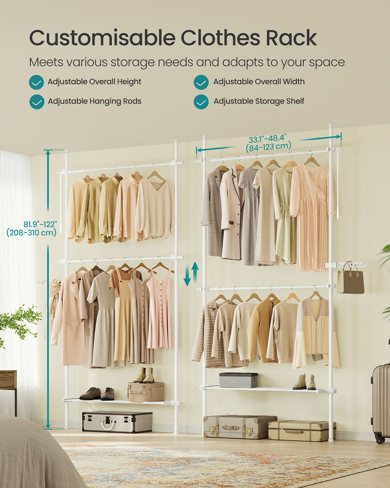 Adjustable 3 Tier Floor to Ceiling Clothes Rail in Matte White for Organised Storage by Songmics