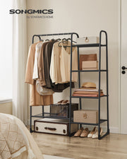Freestanding Clothes Rail in Matte Black with Double Hanging Space and Shelf by Songmics