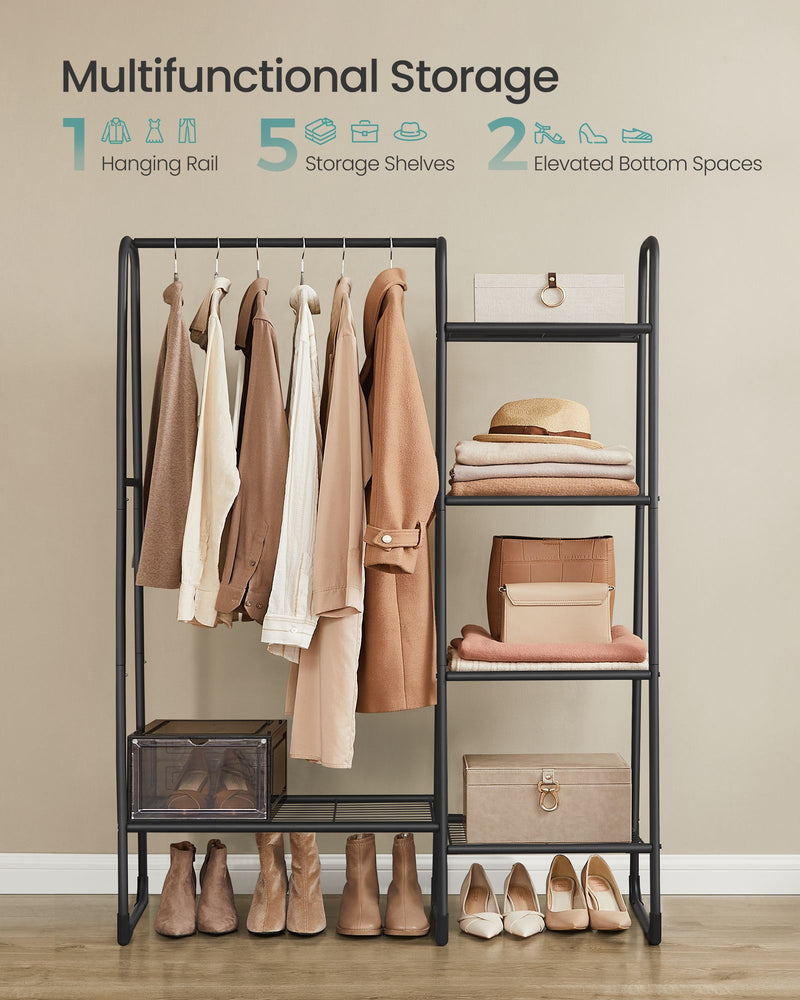 Freestanding Clothes Rail in Matte Black with Double Hanging Space and Shelf by Songmics