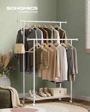 Double Rod Clothes Rail in Cloud White and Natural Beige with Storage Shelf by Songmics