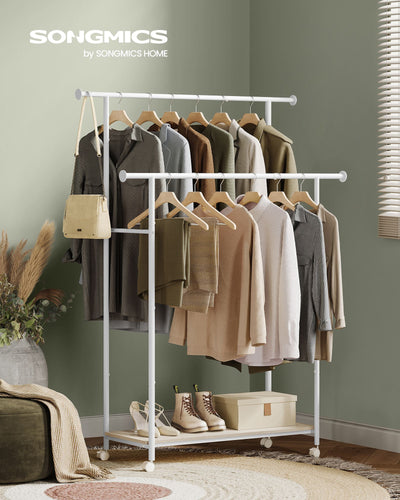 Double Rod Clothes Rail in Cloud White and Natural Beige with Storage Shelf by Songmics