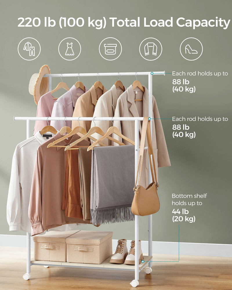 Double Rod Clothes Rail in Cloud White and Natural Beige with Storage Shelf by Songmics
