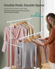 Double Rod Clothes Rail in Cloud White and Natural Beige with Storage Shelf by Songmics