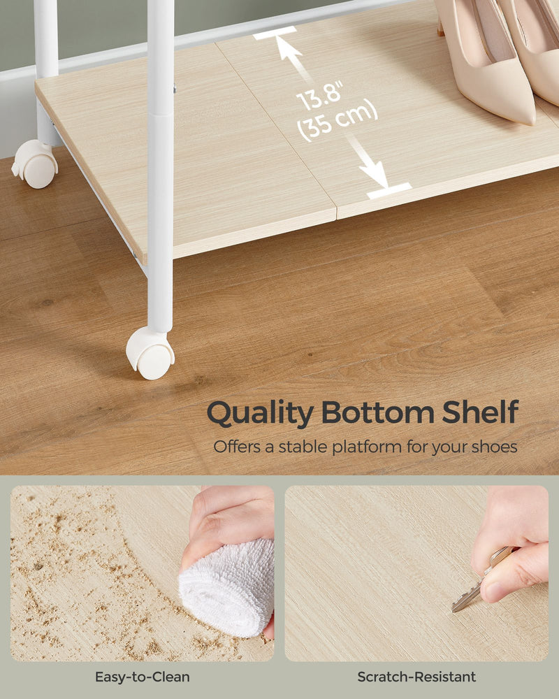 Double Rod Clothes Rail in Cloud White and Natural Beige with Storage Shelf by Songmics