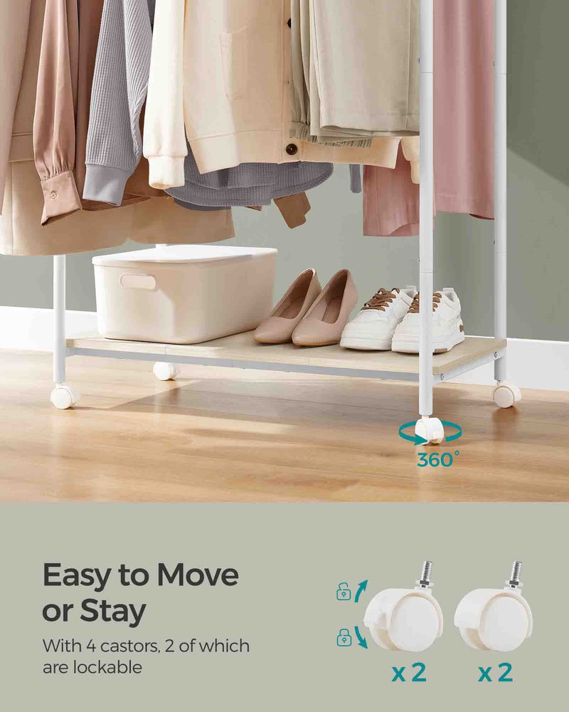 Double Rod Clothes Rail in Cloud White and Natural Beige with Storage Shelf by Songmics