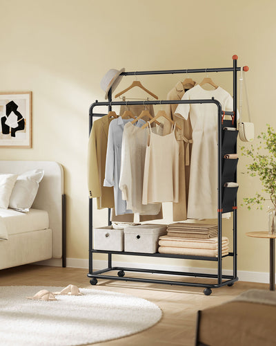 Black Clothes Rail on Wheels with Double Hanging Rails for Easy Storage by Songmics