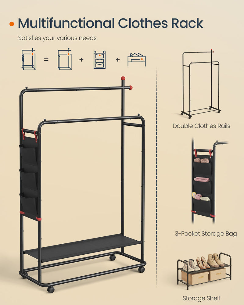 Black Clothes Rail on Wheels with Double Hanging Rails for Easy Storage by Songmics
