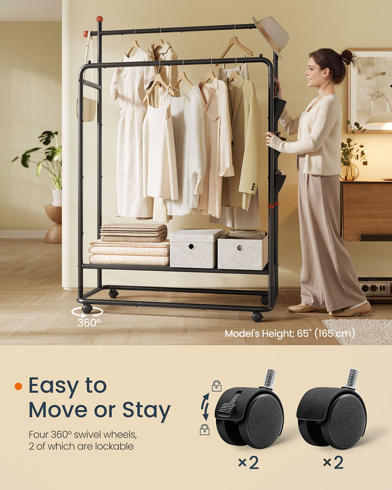 Black Clothes Rail on Wheels with Double Hanging Rails for Easy Storage by Songmics