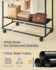 Black Clothes Rail on Wheels with Double Hanging Rails for Easy Storage by Songmics