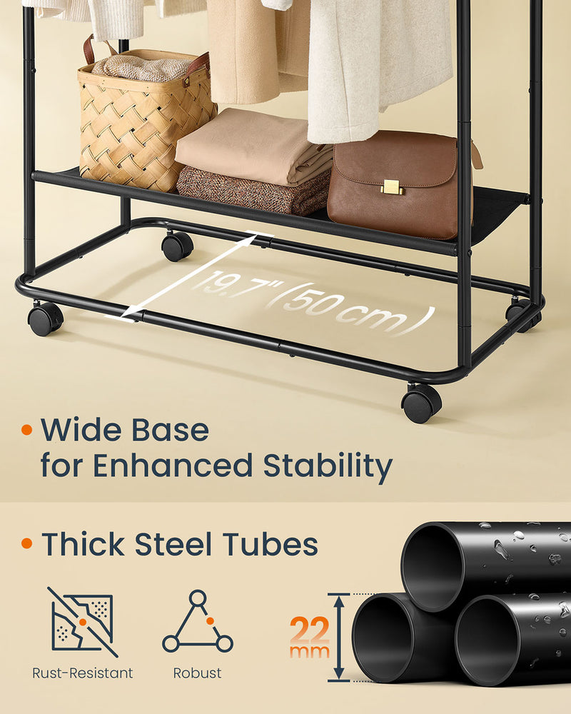 Black Clothes Rail on Wheels with Double Hanging Rails for Easy Storage by Songmics