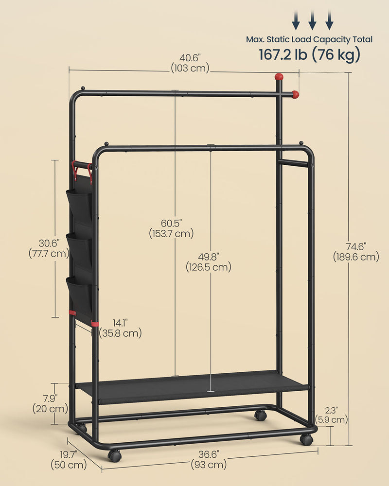 Black Clothes Rail on Wheels with Double Hanging Rails for Easy Storage by Songmics