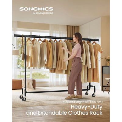 Adjustable Clothes Rail on Wheels with Extendable Hanging Bar in Matte Black by Songmics