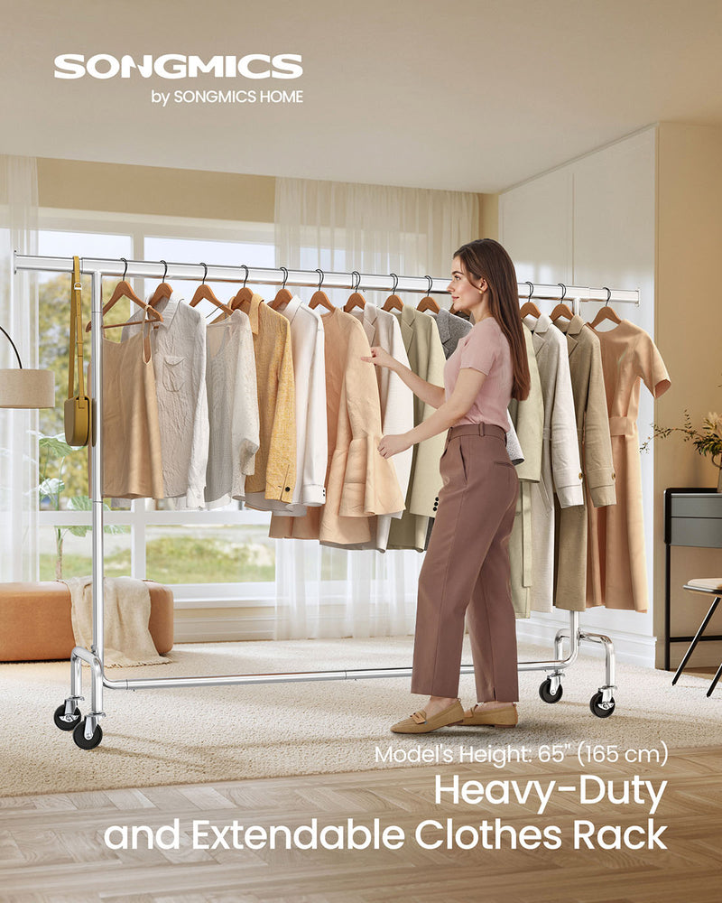 Extendable Clothes Rail on Wheels with Adjustable Height in Matte Silver by Songmics