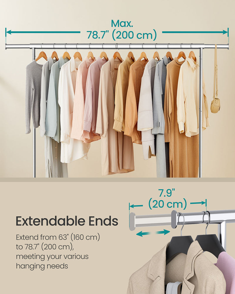 Extendable Clothes Rail on Wheels with Adjustable Height in Matte Silver by Songmics