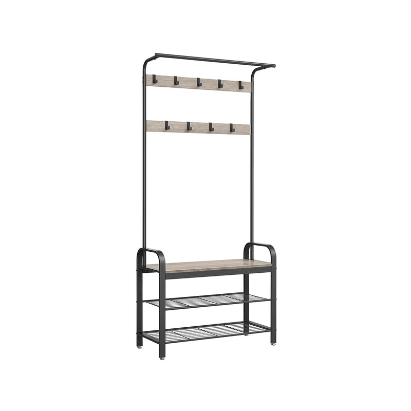 Vasagle Coat Rack With Shoe Storage Bench in Greige and Black on a plain background