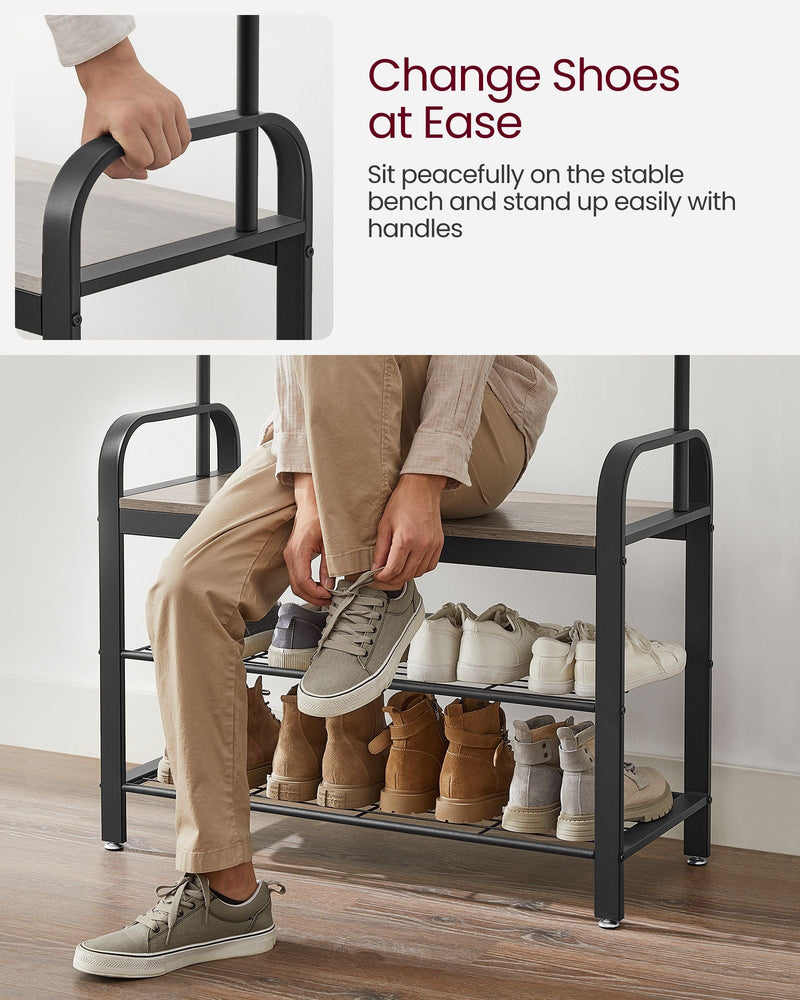 Person sitting on the greige bench seat to change shoes, holding the side handle