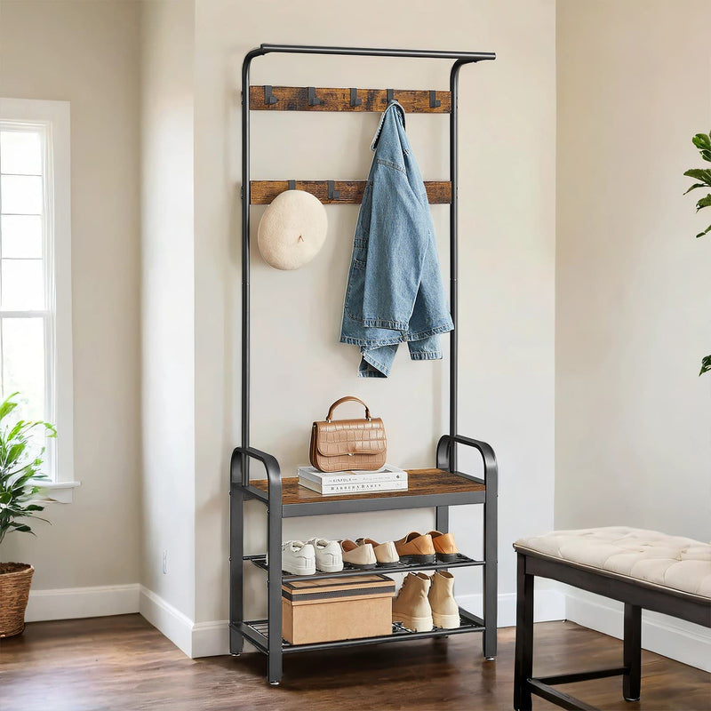 Hall Tree Coat Rack with Shoe Bench and 9 Removable Hooks for Entryway Storage by Vasagle