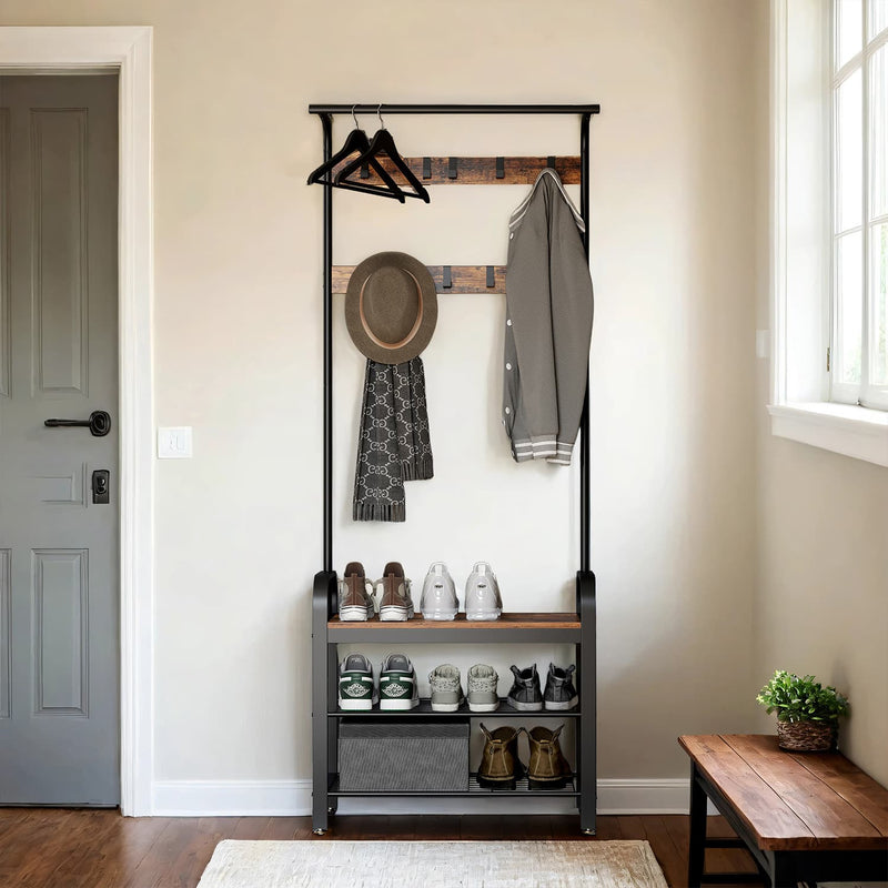 Hall Tree Coat Rack with Shoe Bench and 9 Removable Hooks for Entryway Storage by Vasagle