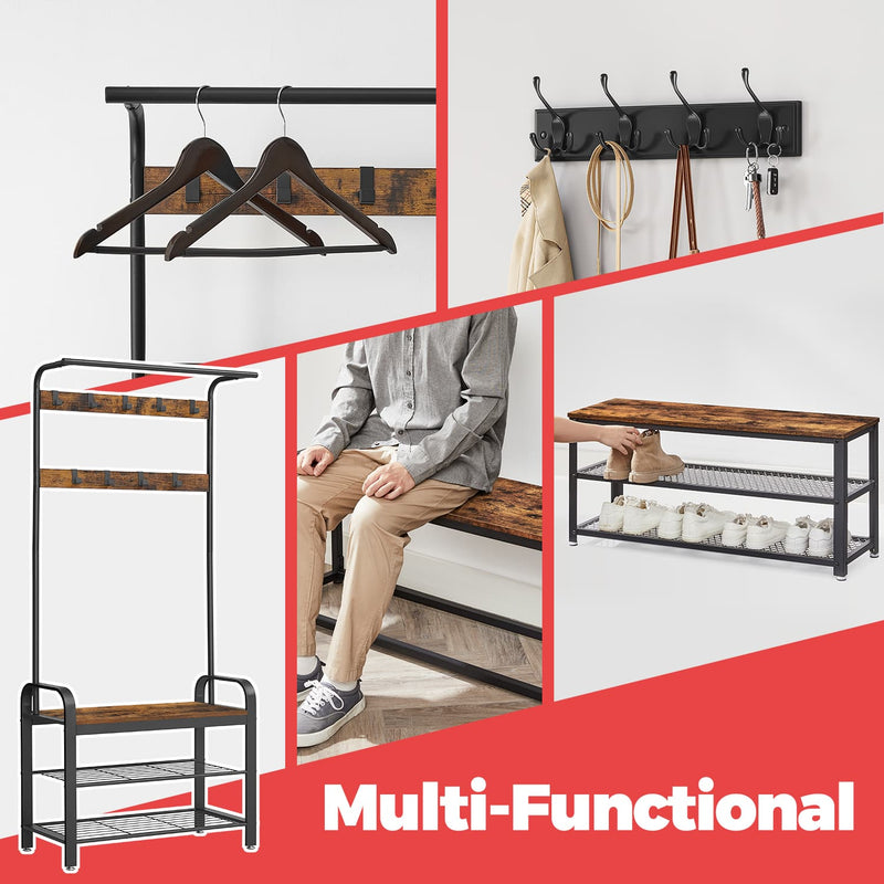 Hall Tree Coat Rack with Shoe Bench and 9 Removable Hooks for Entryway Storage by Vasagle