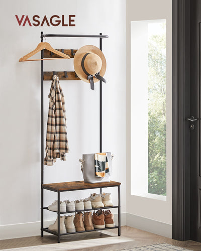 Rustic Brown and Black Coat Rack with Shoe Storage and Metal Frame by Vasagle