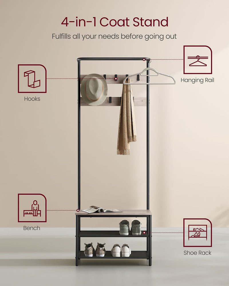 Industrial Hall Tree with Shoe Bench 9 Hooks and Coat Rack Bar for Entryway by Vasagle