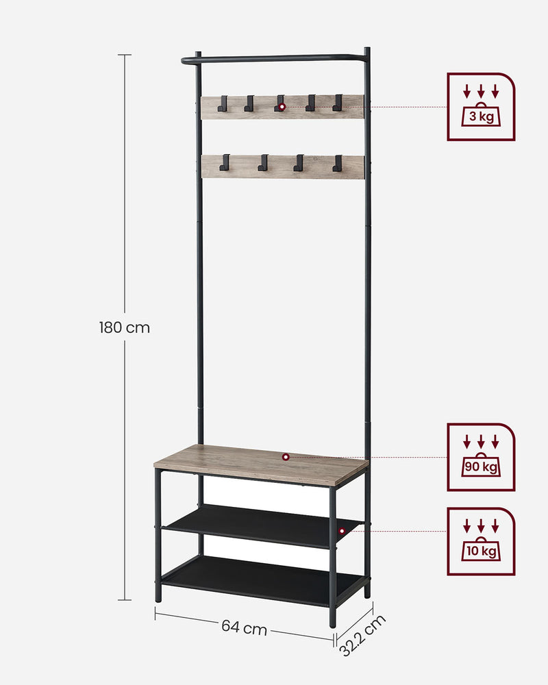 Industrial Hall Tree with Shoe Bench 9 Hooks and Coat Rack Bar for Entryway by Vasagle