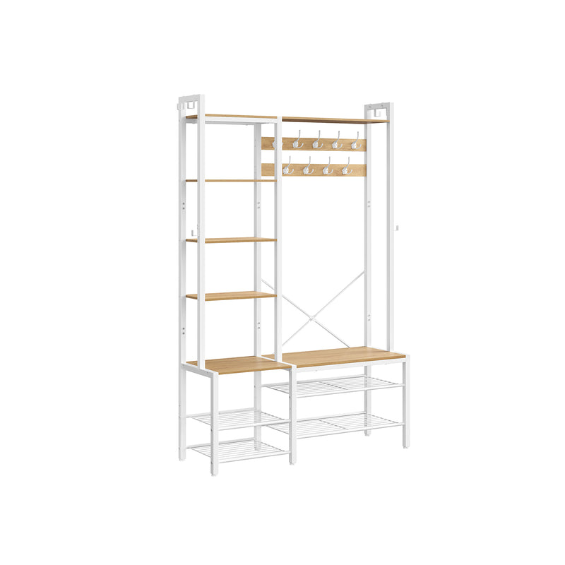 Hallway Coat Rack with Shoe Bench in Golden Oak and Cloud White Finish by Vasagle