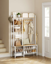 Hallway Coat Rack with Shoe Bench in Golden Oak and Cloud White Finish by Vasagle