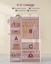 Hallway Coat Rack with Shoe Bench in Golden Oak and Cloud White Finish by Vasagle